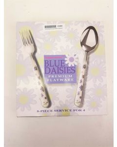 TUPPERWARE SPOON FORK CUTLERY SET DINNER 8PC SERVICE BLUE DAISIES PREMIUM