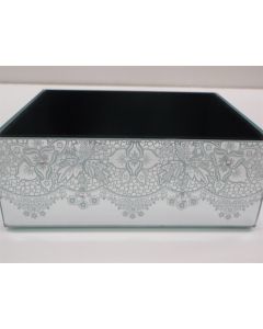 TRINKET JEWELLERY BOX MIRRORED GLASS WHITE LACE FLORAL PATTERN RECTANGLE 4" X 5"
