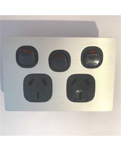 Double Power Point 2 Gang Silver Black Metal Brushed Aluminium LUMEX 16A 250V
